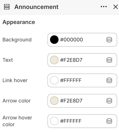 Theme settings — Announcement Bar — Appearance colors