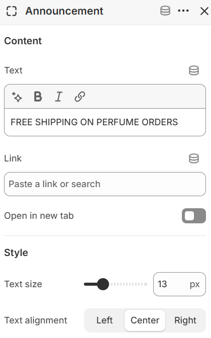 Theme settings — Announcement block — Content and Style