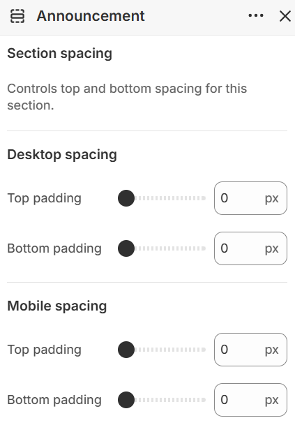 Theme settings — Announcement Bar — Section spacing
