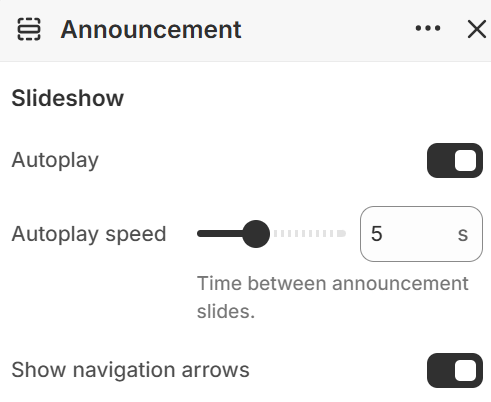 Theme settings — Announcement Bar — Slideshow