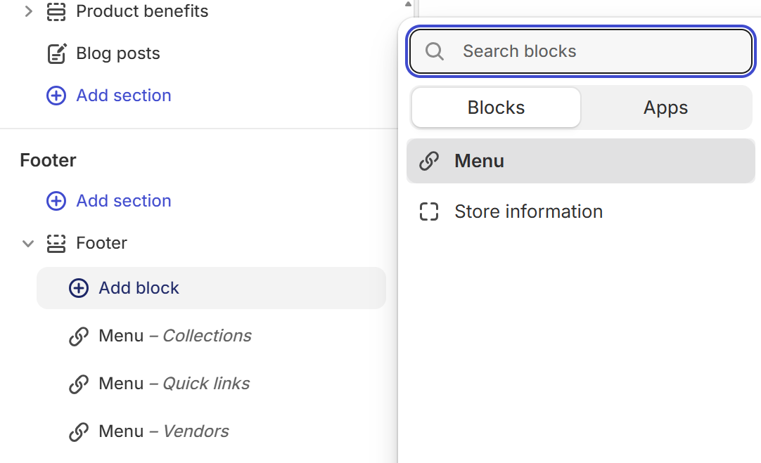 Theme editor — Add block — Menu