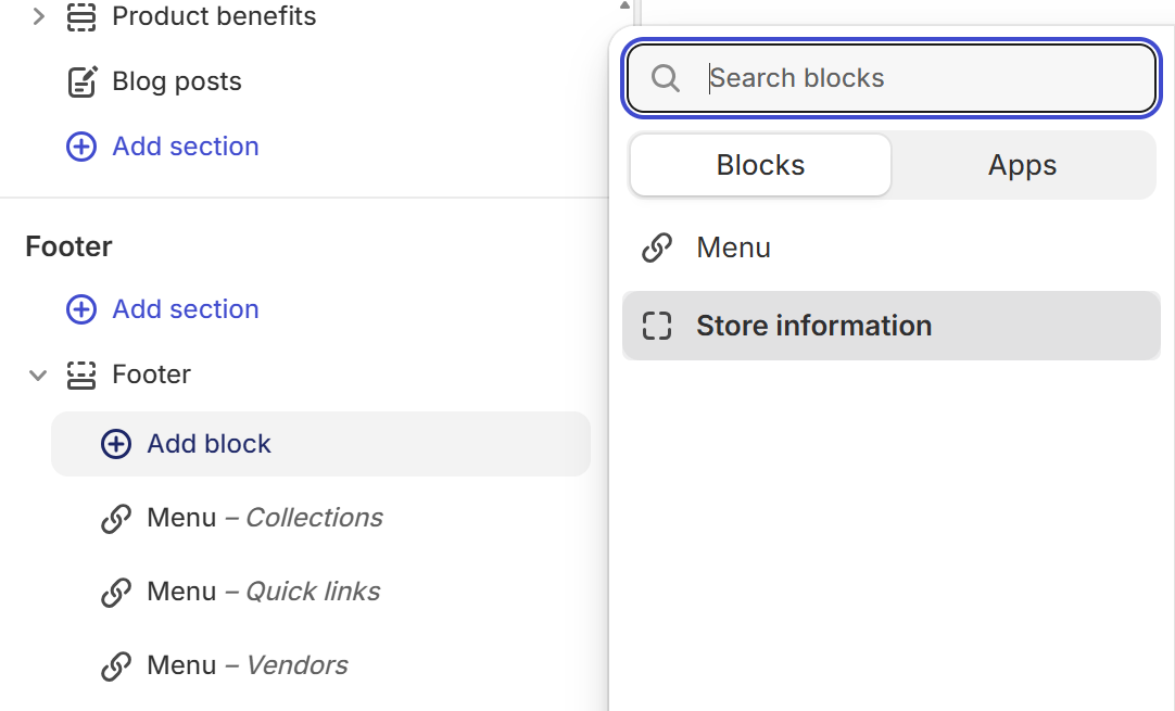 Theme editor — Add block — Store information