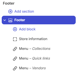 Theme editor — Footer section and blocks