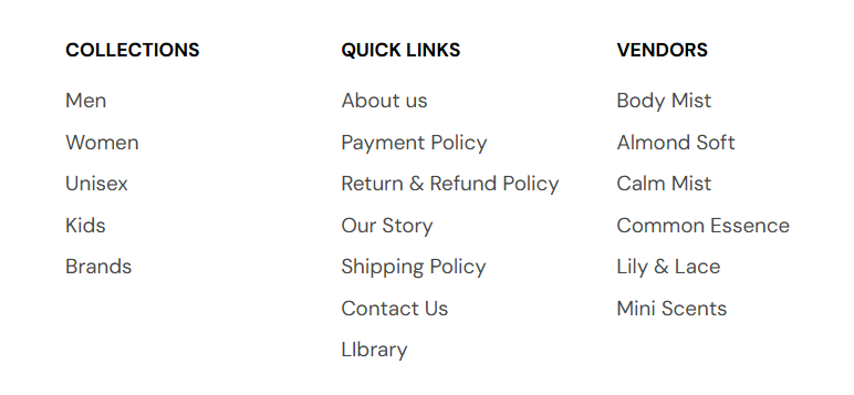 Storefront — footer menu columns