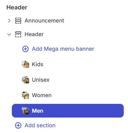 Theme editor — Header group — Header section and mega menu blocks