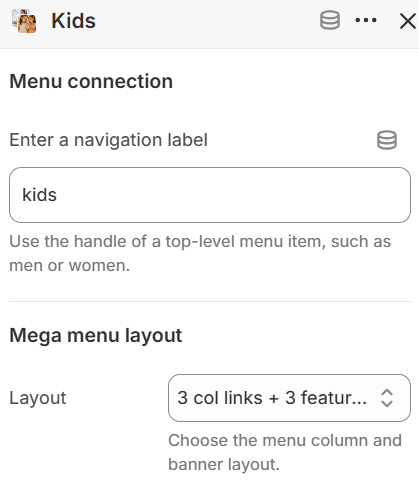 Theme settings — Mega menu banner — Menu connection and layout