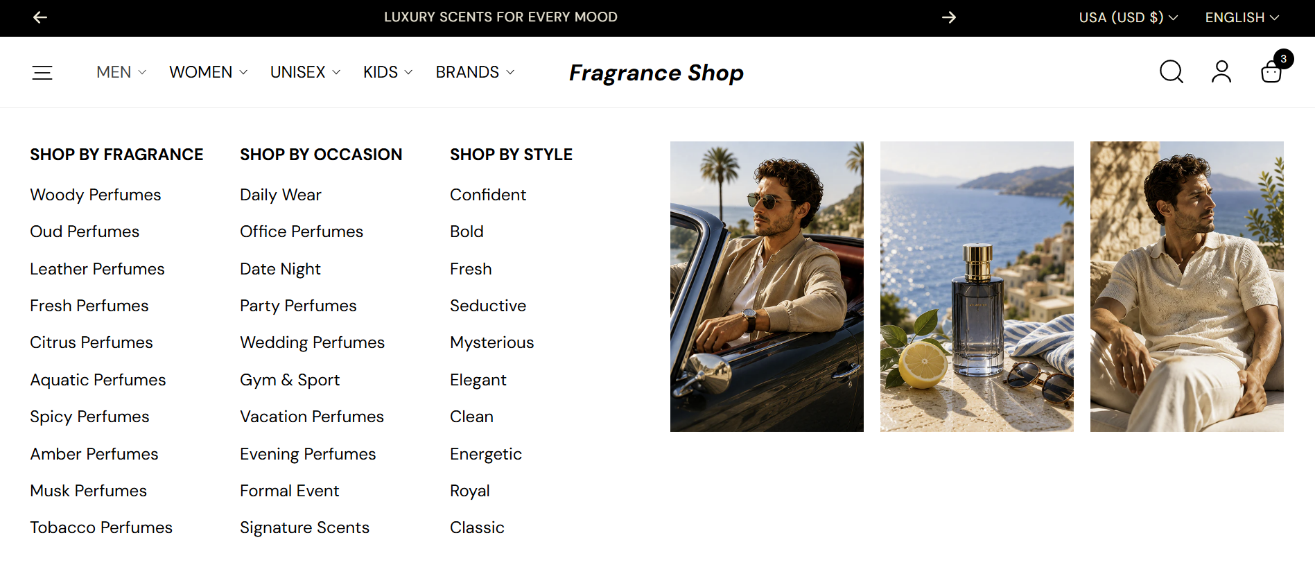 Storefront — header with announcement bar, navigation, and mega menu