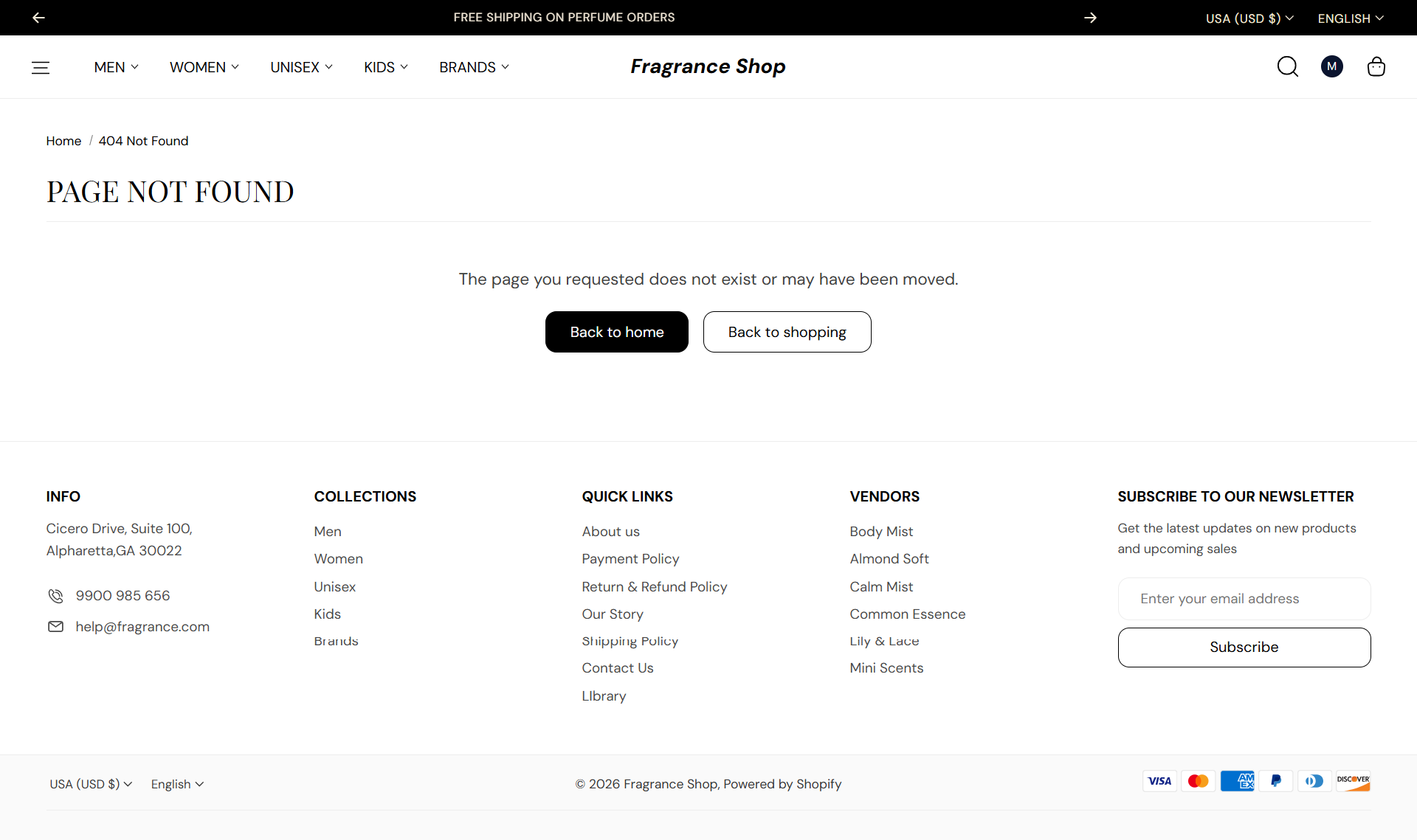 Fragrance Shop 404 page with not found message and return buttons