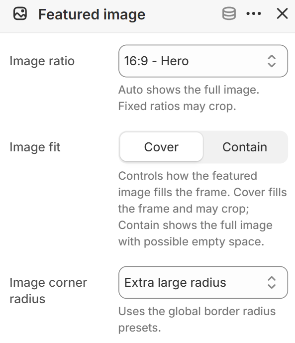 Image ratio, image fit, and corner radius settings for the article featured image