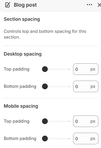 Desktop and mobile padding settings for the Blog post section