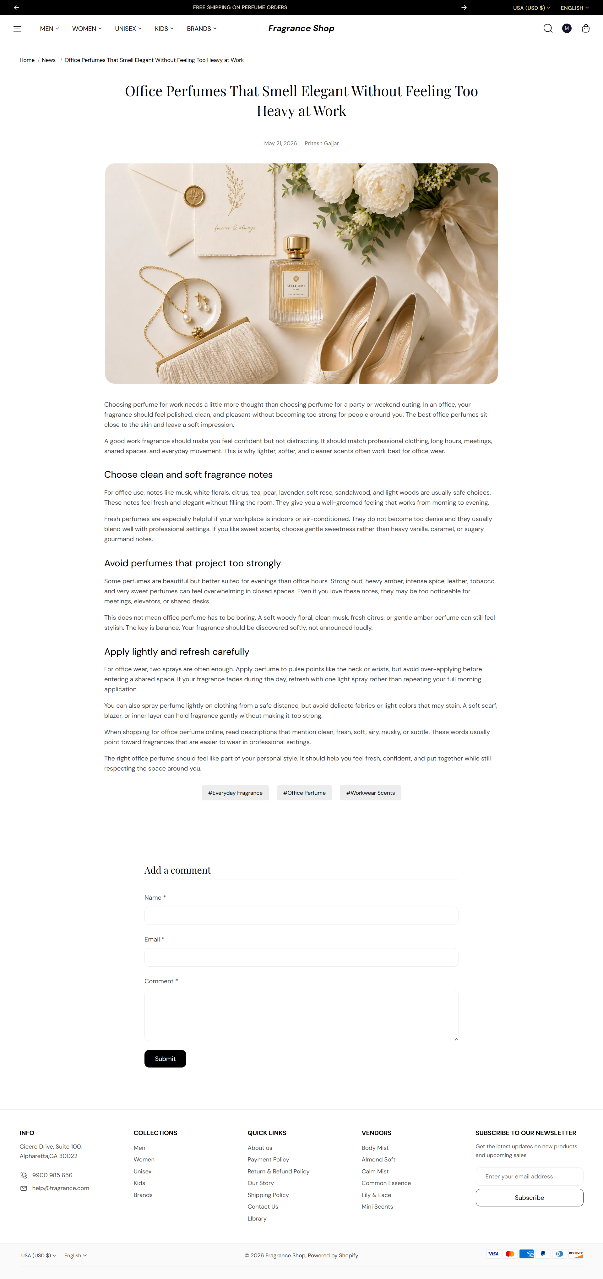Fragrance Shop article page with title, featured image, and blog content