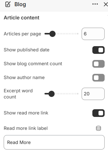 Articles per page, date, author, excerpt, and read more settings for the Blog section