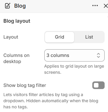 Blog layout settings including grid or list layout and columns on desktop