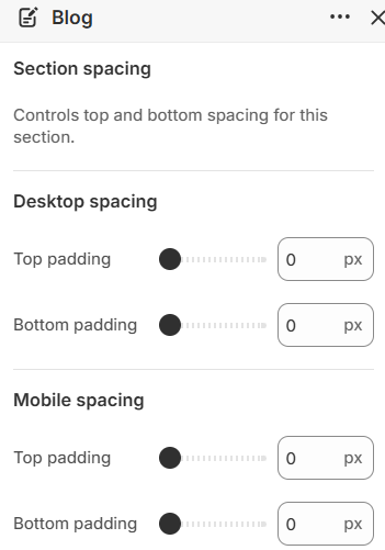 Desktop and mobile top and bottom padding settings for the Blog section