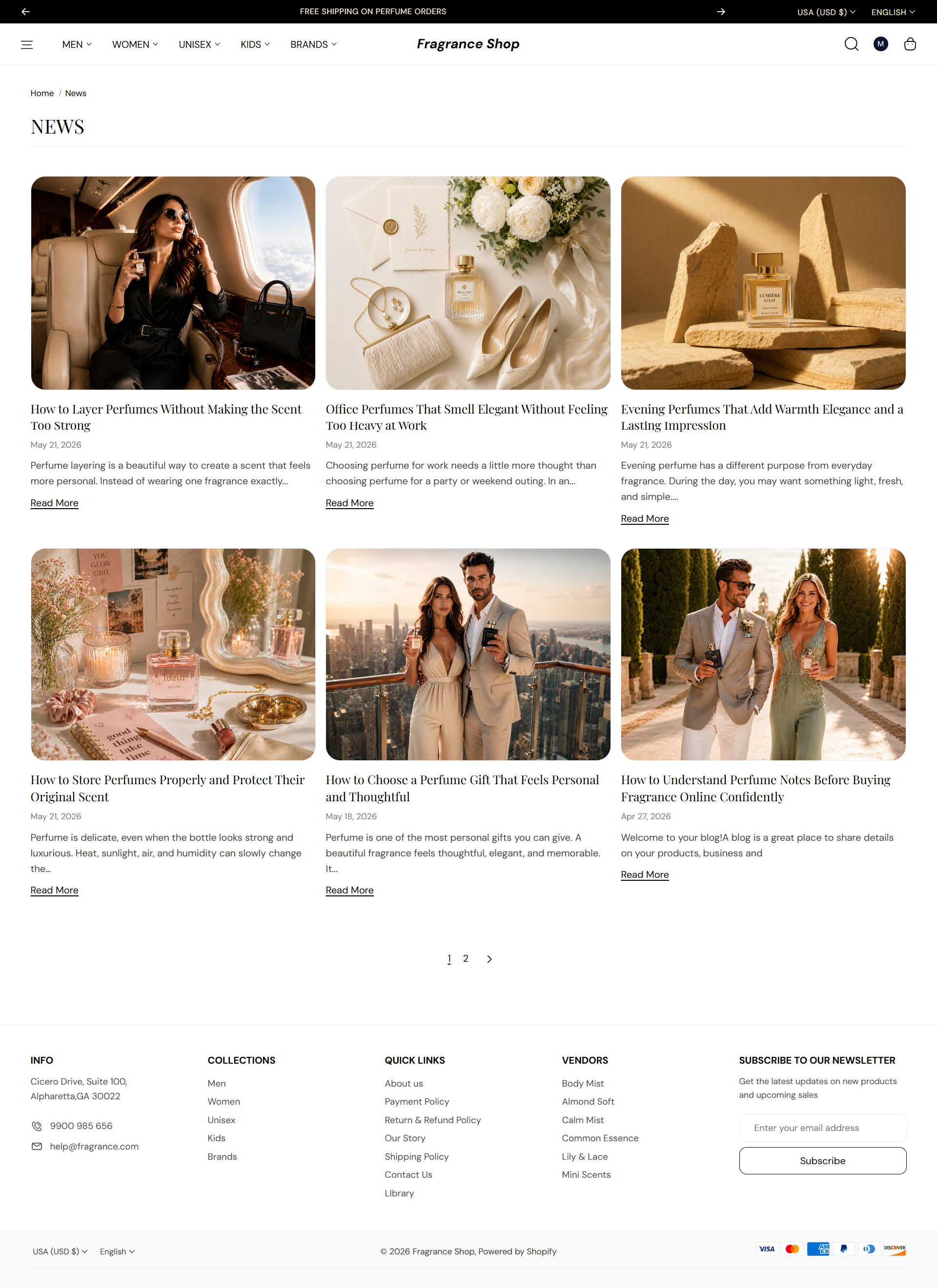 Fragrance Shop blog page showing article cards in a grid layout