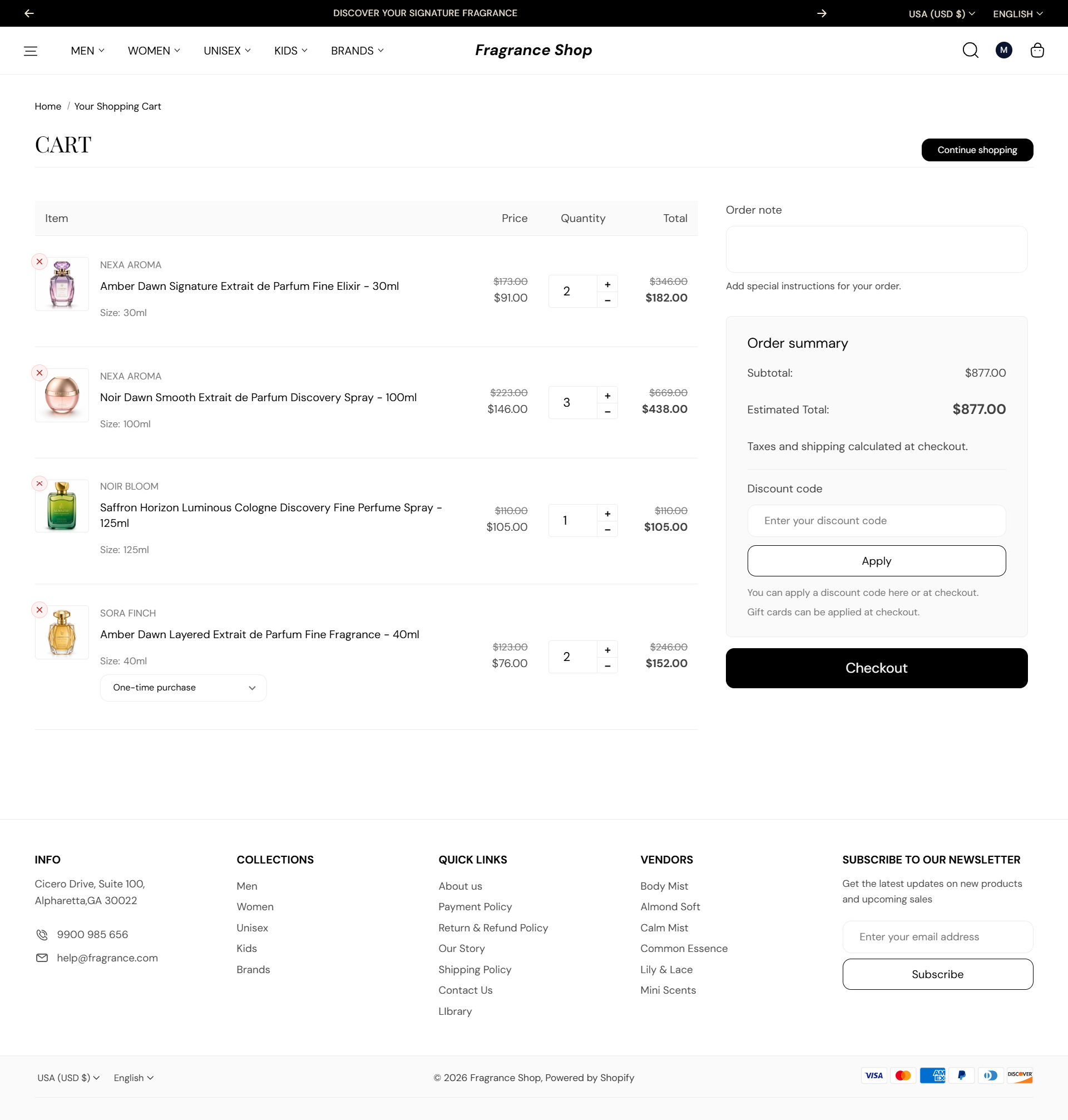 Fragrance Shop cart page with line items, discount field, and checkout button