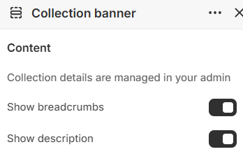 Show breadcrumbs and show description settings for Collection banner