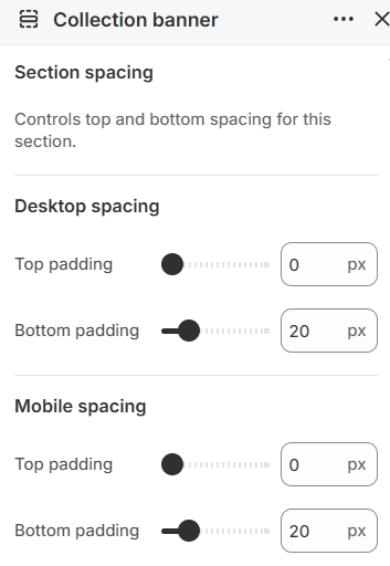Desktop and mobile padding settings for Collection banner