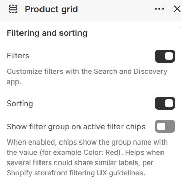 Filters, sorting, and filter chip settings for Product grid