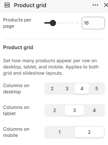 Products per page and column settings for Product grid