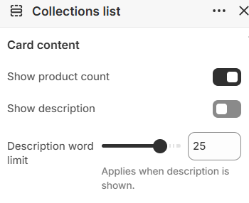 Show product count, description, and description word limit settings for collection cards
