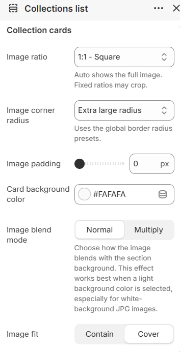 Image ratio, corner radius, padding, background color, blend mode, and fit settings for collection cards