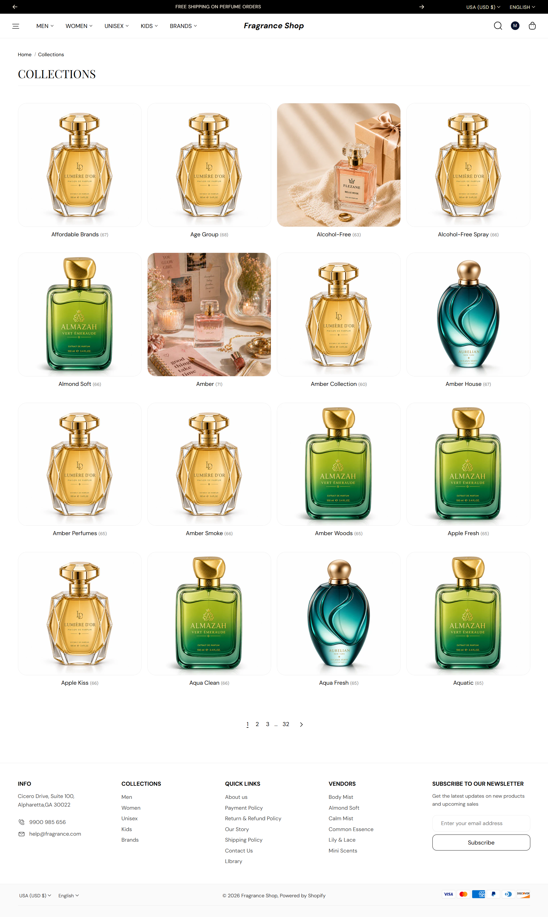 Fragrance Shop collections list page showing collection cards in a grid