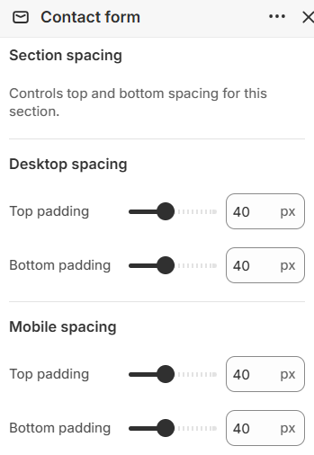 Desktop and mobile padding settings for the Contact form section