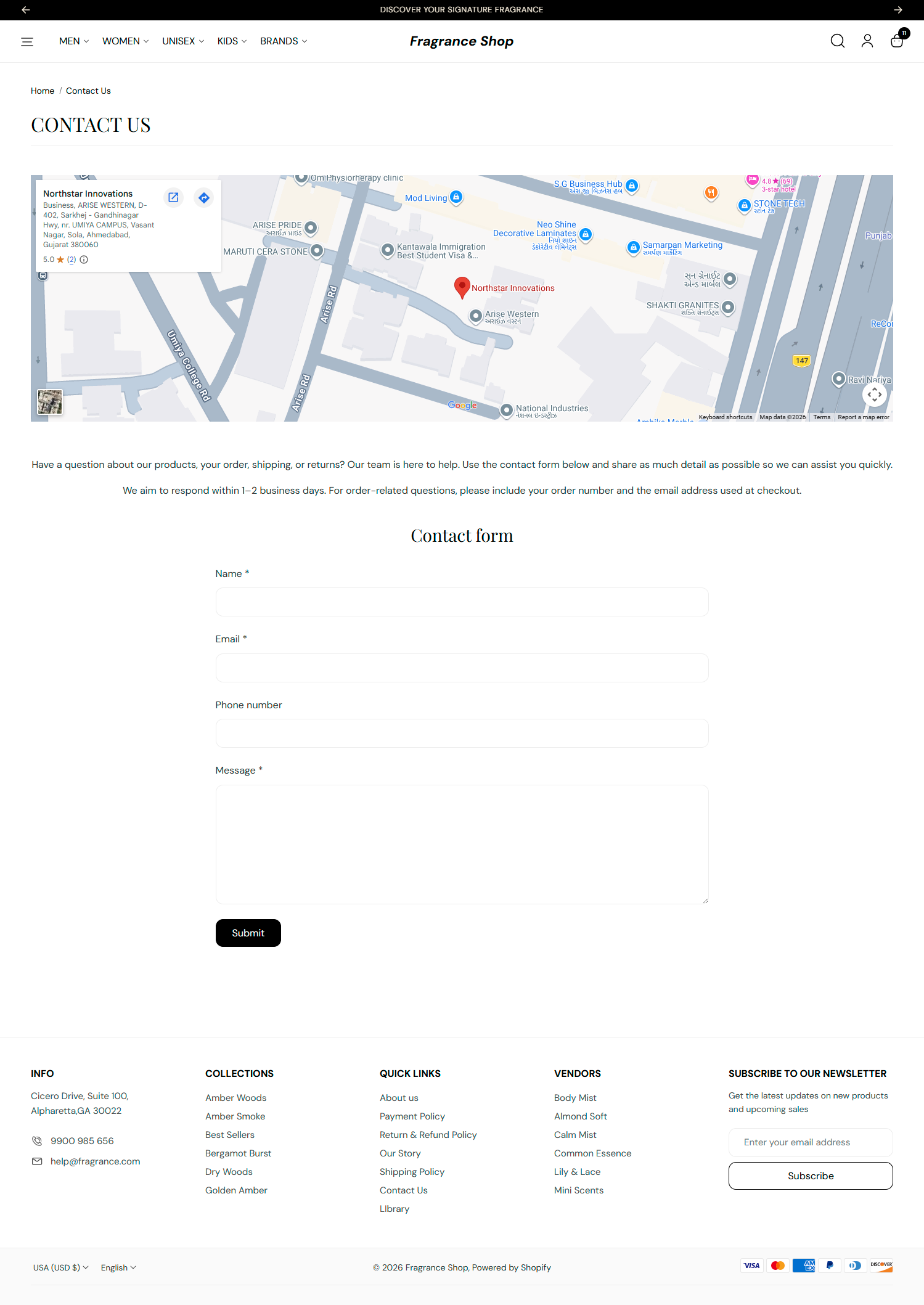 Fragrance Shop contact page with page content and contact form