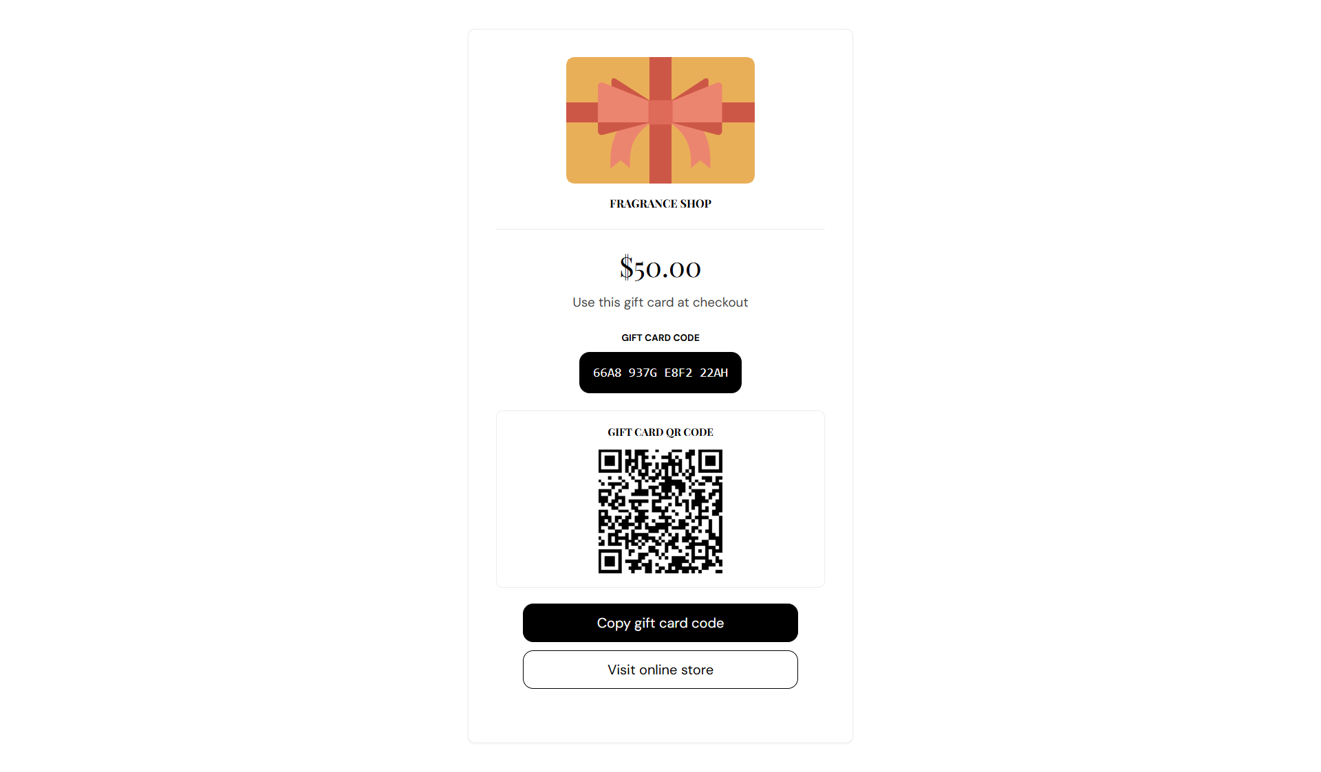 Fragrance Shop gift card page with balance, code, and QR code