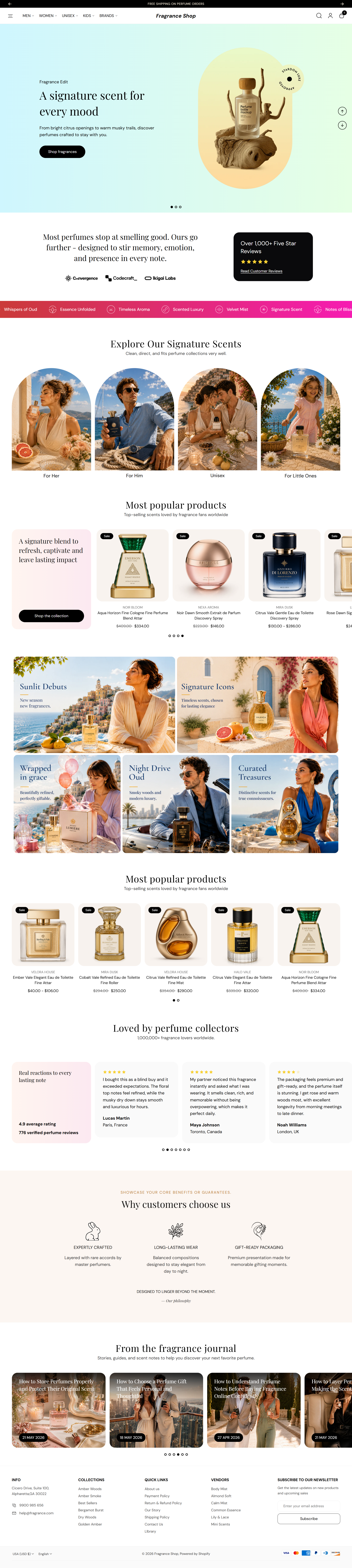 Fragrance Shop home page with hero slideshow, featured collections, testimonials, and blog posts