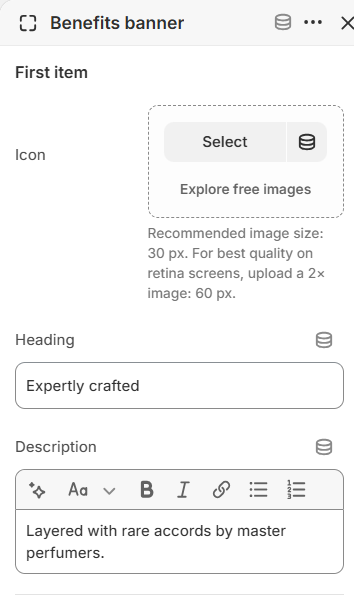 Icon, heading, and description fields for the first Benefits banner item
