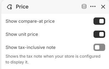 Compare-at price, unit price, and tax note toggles for the Price block