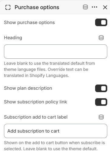 Subscription heading, plan description, and add to cart label settings