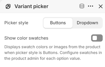 Picker style and color swatch settings for the Variant picker block