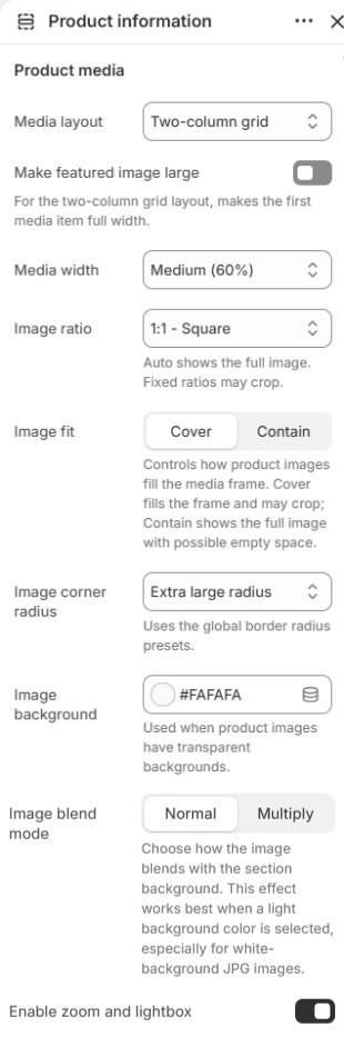 Media layout, image ratio, fit, and zoom settings for Product information