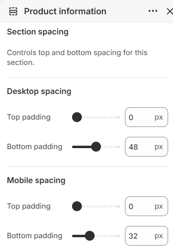 Desktop and mobile top and bottom padding for Product information