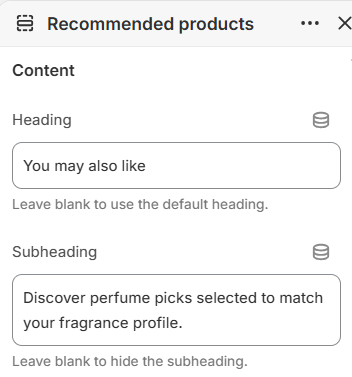 Heading and subheading fields for Recommended products