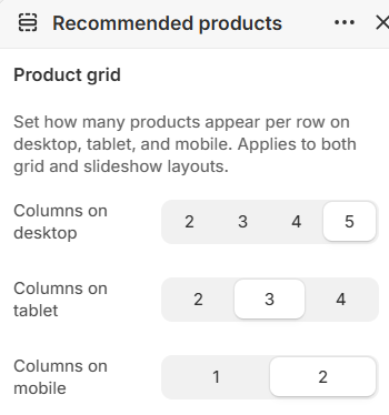 Desktop, tablet, and mobile column settings for Recommended products