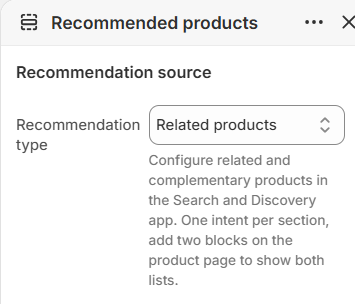 Recommendation type dropdown for Related products or Complementary products