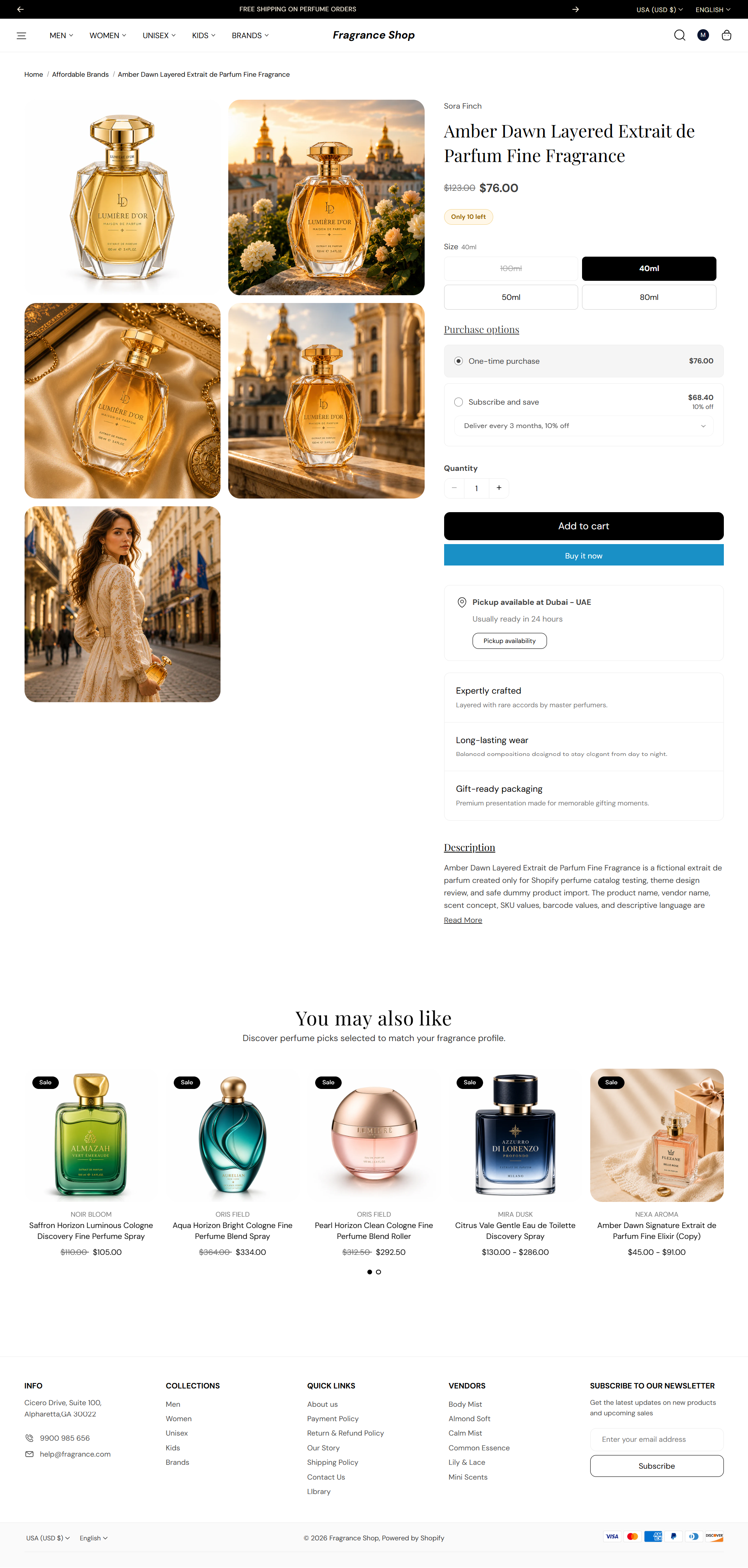 Fragrance Shop product page with media gallery, product details, and buy buttons