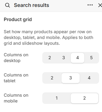 Columns on desktop, tablet, and mobile settings for Search results
