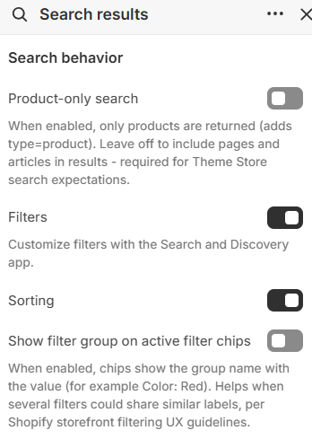 Product-only search, filters, sorting, and filter chip settings for Search results