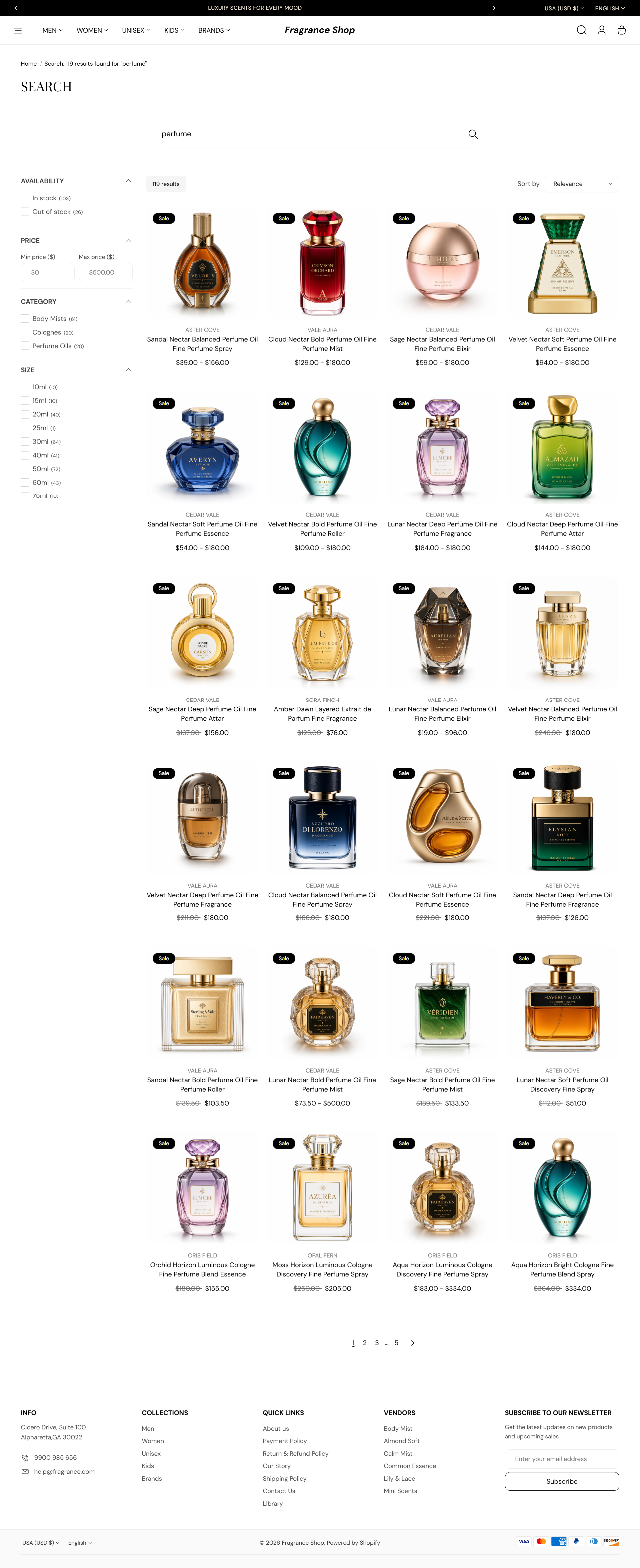 Fragrance Shop search results page showing product grid for a perfume search query