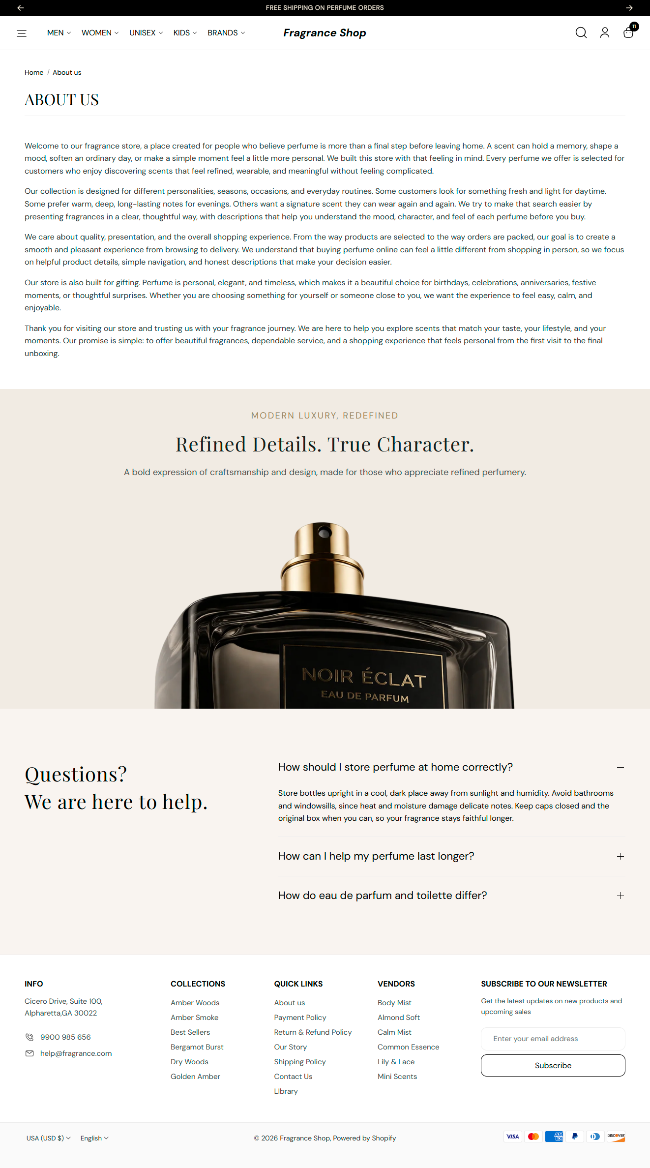 Fragrance Shop standard page with About us content, featured section, and FAQ