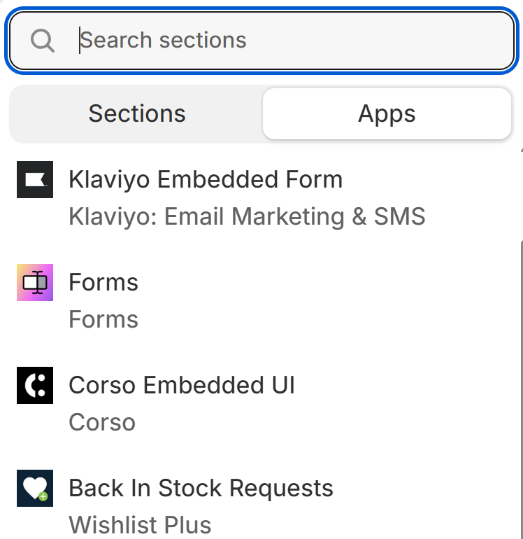 Apps tab in the Fragrance Shop theme editor block picker for the Apps block section