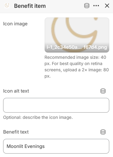 Benefit item block settings for the Banner with benefits section in the Fragrance Shop Shopify theme editor