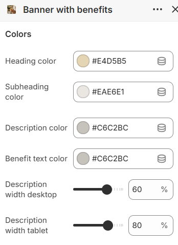 Banner with benefits color and width settings in the Fragrance Shop Shopify theme editor
