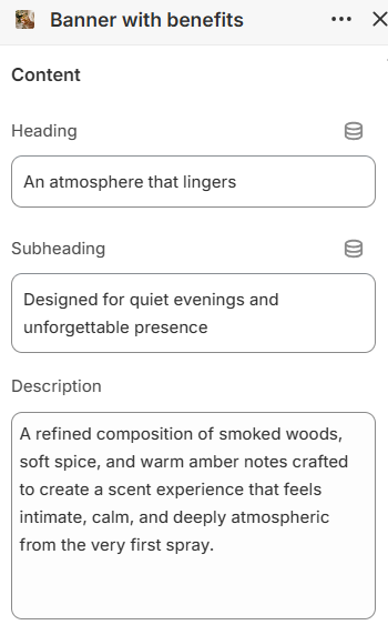 Banner with benefits content settings in the Fragrance Shop Shopify theme editor