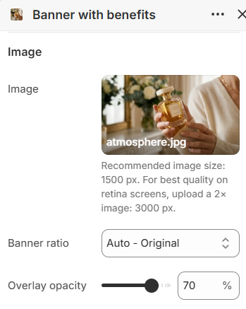 Banner with benefits image and ratio settings in the Fragrance Shop Shopify theme editor